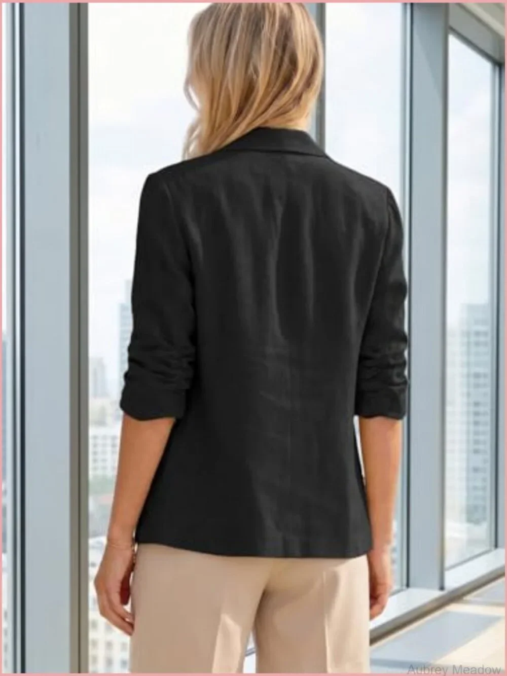 Linen Blend Blazer - 3/4 Ruched Sleeve Lightweight Work Blazer